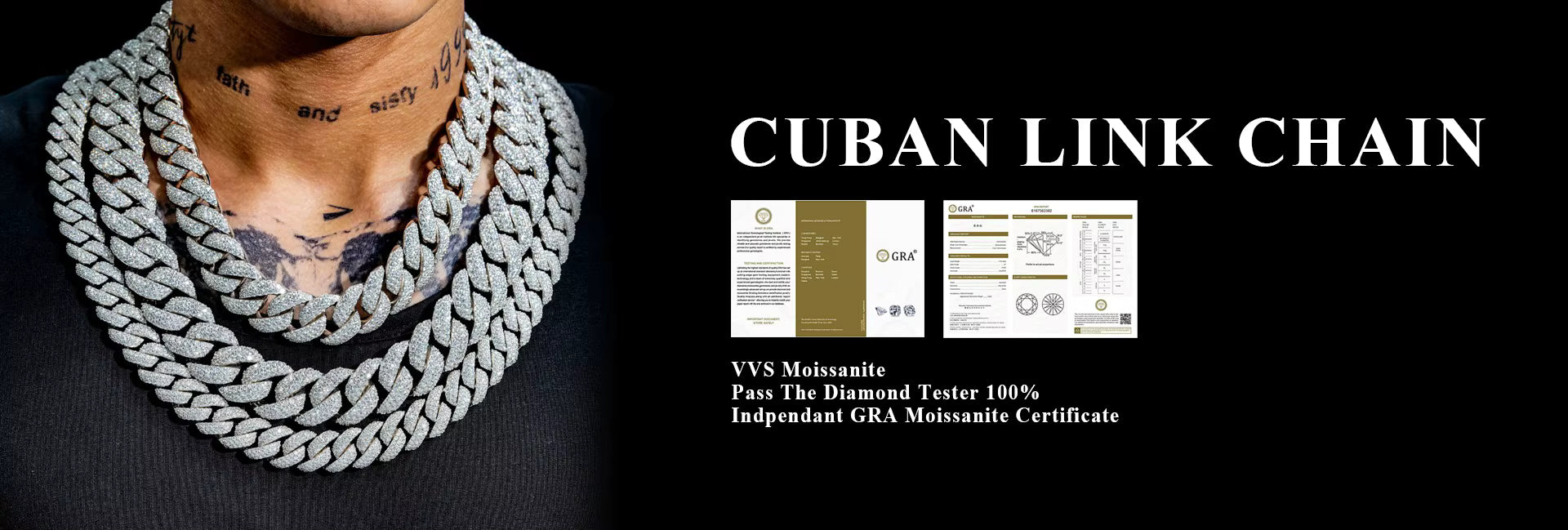 Cuban link chain necklace displayed with certification on a black background